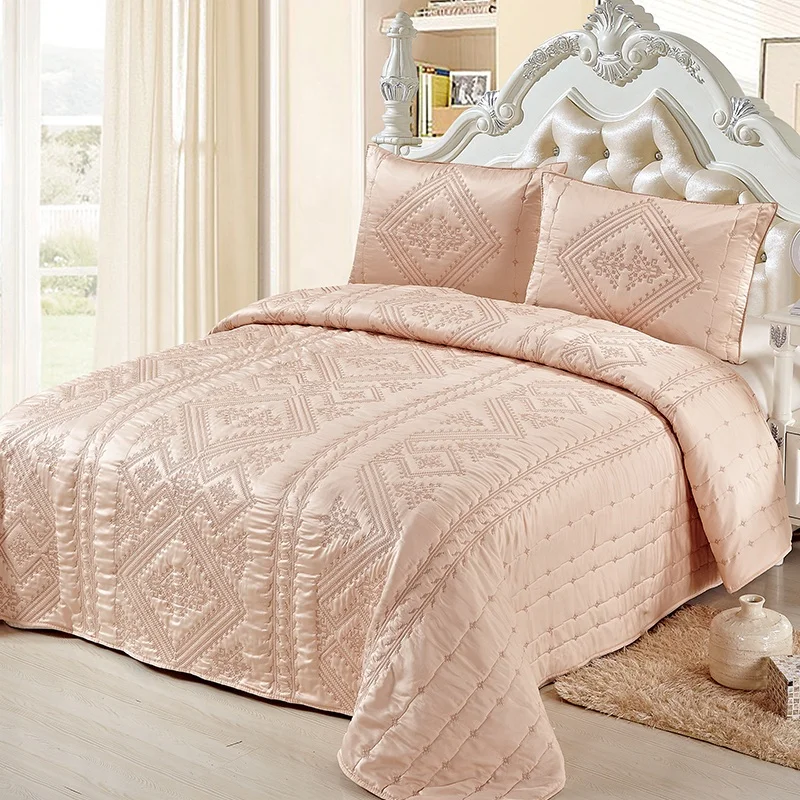 
Solid Color Embroidered Quilted Satin Bedspread 