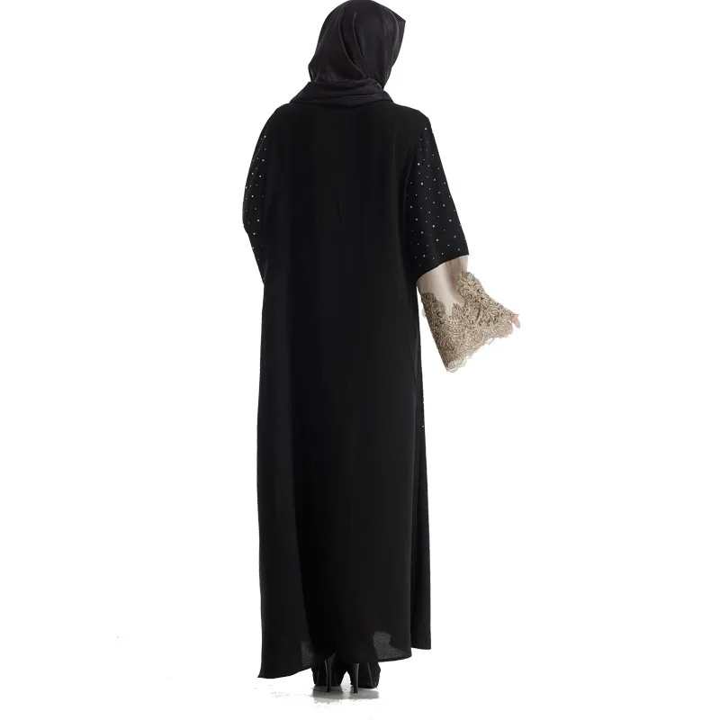 
2017 New model abaya in dubai long sleeve front open black abaya decorated with rhinestone 