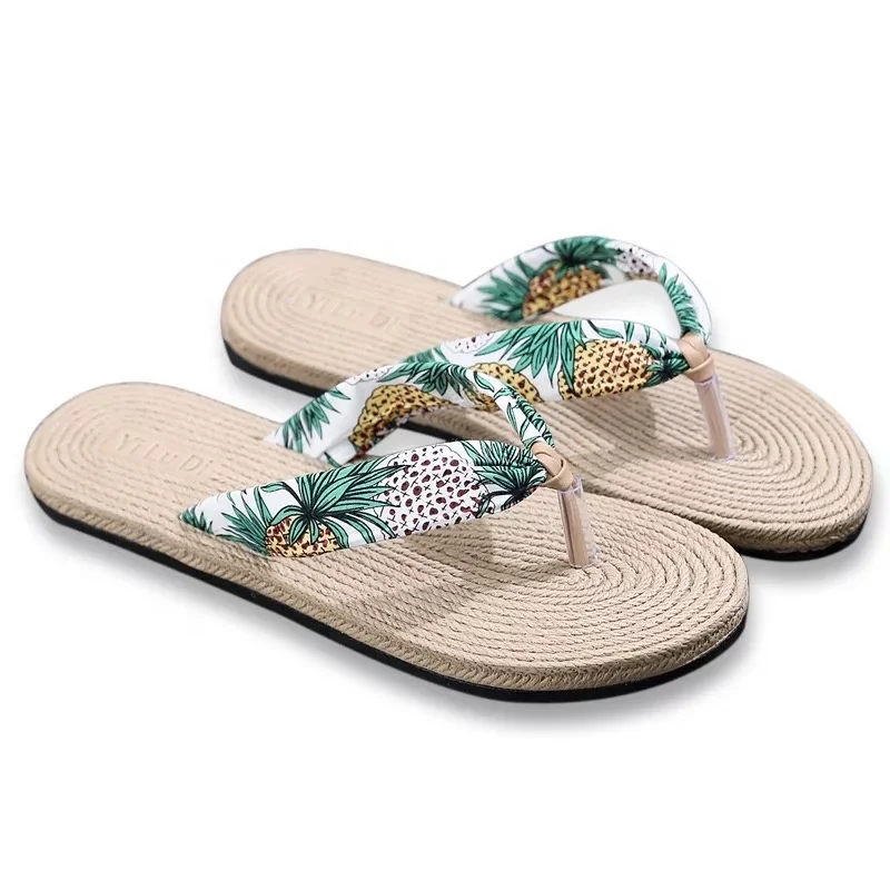 summer woman straw jute sole flower flip flops beach sandals