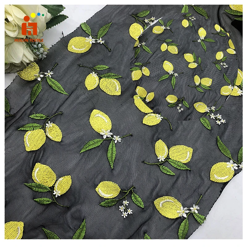 lemon design multi color flat embroidery stretched mesh fabric for lady dress