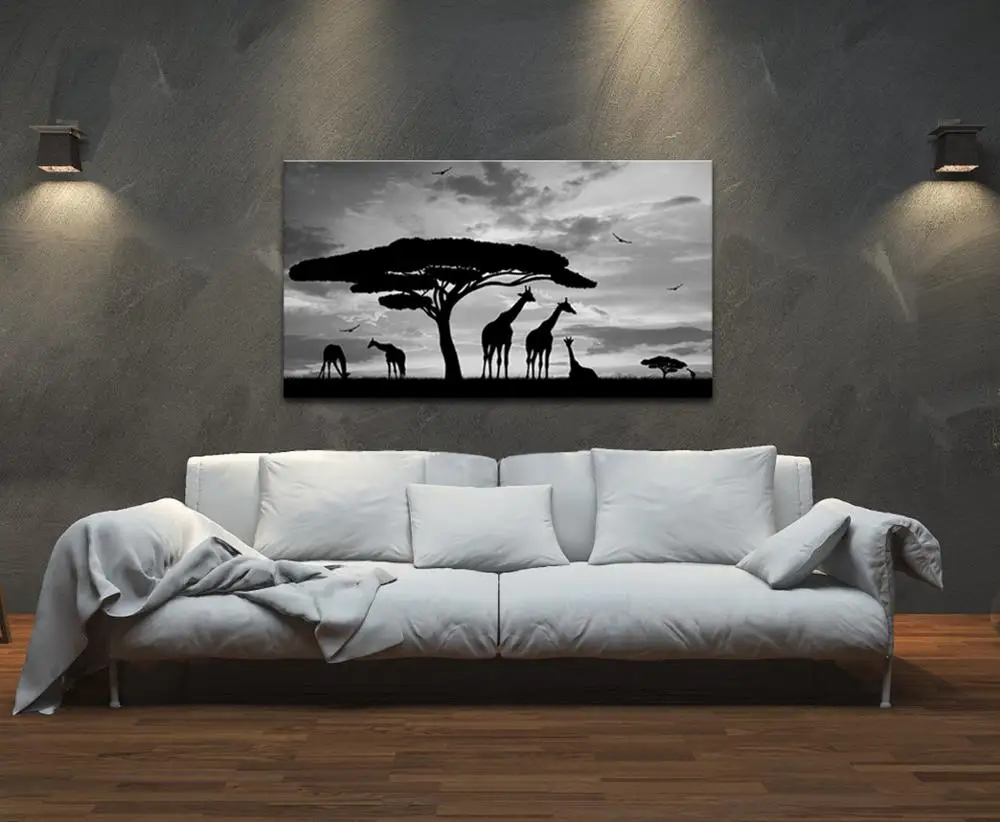 Animal Canvas Wall Art Giraffe Family under a Tree Painting Print Black and White Landscape Artwork Picture for Modern