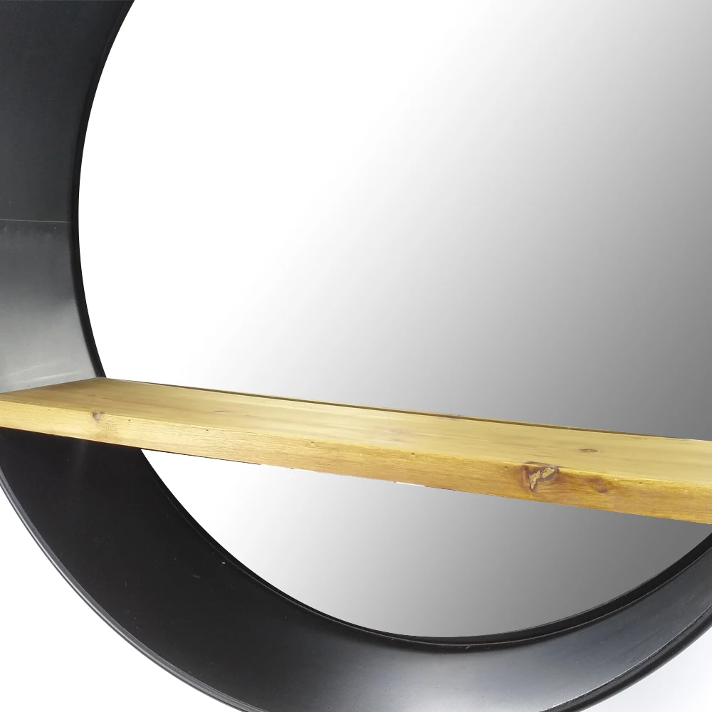 31 inch 79.5cm hanging round black wall mounted metal frame mirror decorative with solid wood shelf for bathroom or living room