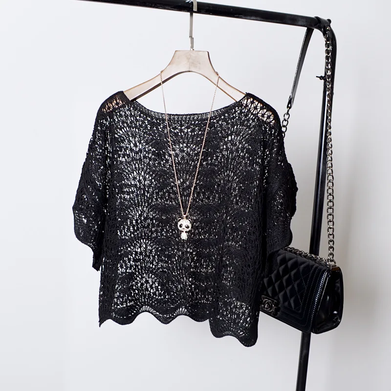 Летняя Прозрачная женская трикотажная блузка с коротким рукавом и круглым вырезом