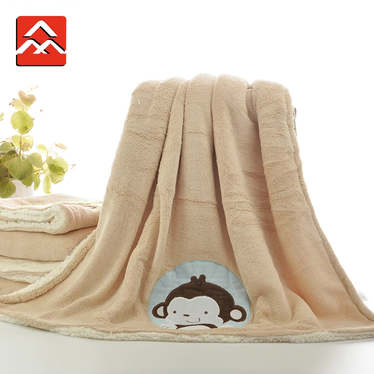 Double Sides Super Soft Coral Fleece Sherpa Animal Monkey Baby Blanket