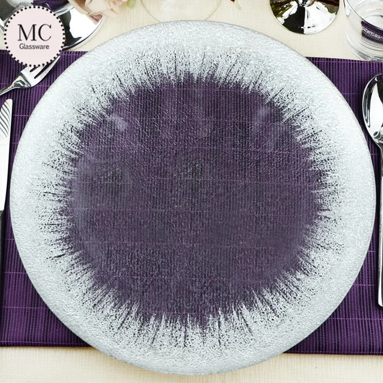 Custom glass silver plate chargers for wedding dinner