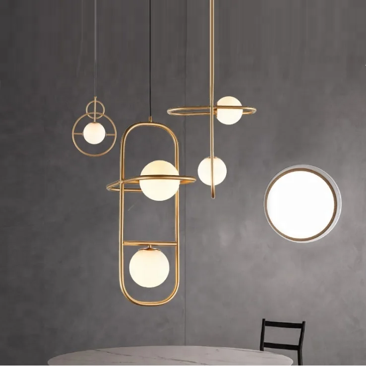Mat glass ball in golden circle ring light art lamp led decoration chandelier lantern