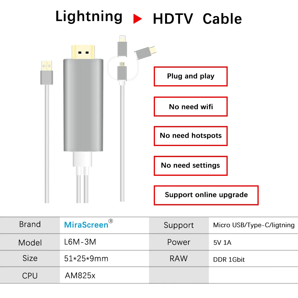 3 in One HDTV Convertor Adapter High-Speed HD Plug and Converter for iPhone iPad, and Android Phone
