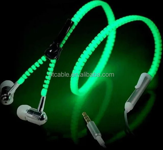 Hot Sale Glow In The Dark Earphones Glow Earbuds Metal Zipper Glowing Headset Luminous Light Stereo Handsfree With Mic