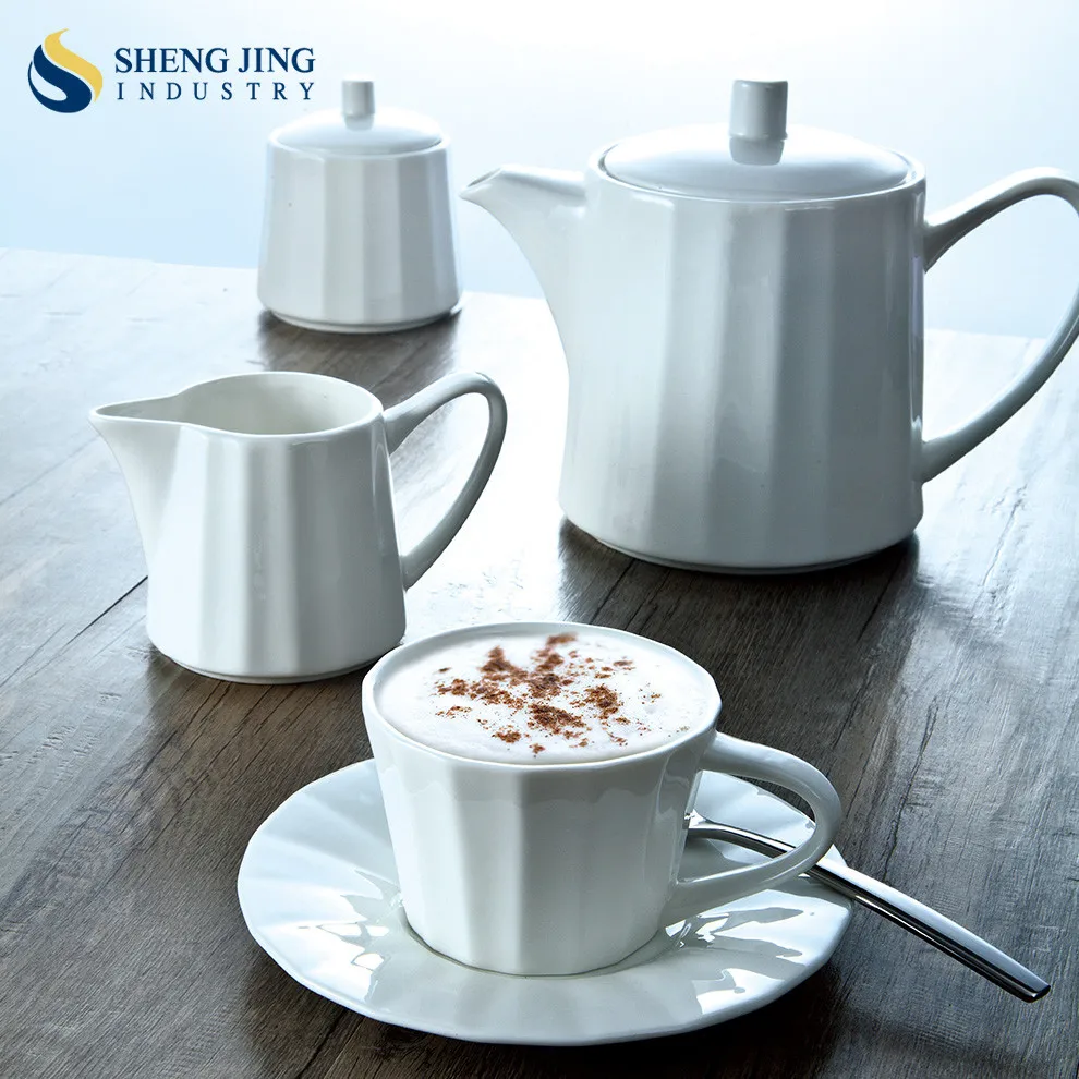 Белый Фарфор Посуда Чайный Набор Пользовательских Чашка Кофе Горшок Набор С Кувшин Молока и Блюдце