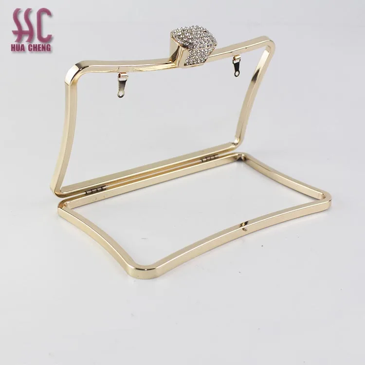 Fashion shiny gold color with diamond clasp decoration lady handbag clutch metal purse frame