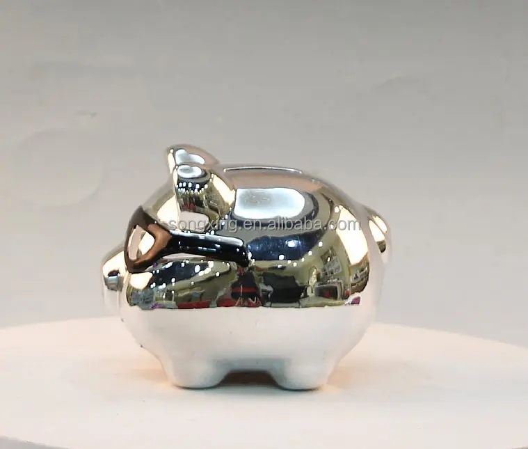 silver ceramic mini piggy bank with black glass