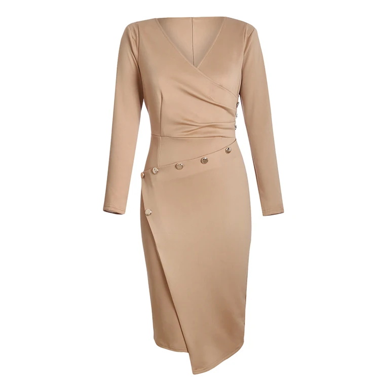
Khaki Button Detail Elegant Women Formal Dresses Ruched Asymmetric Midi Dress For Office Ladies 