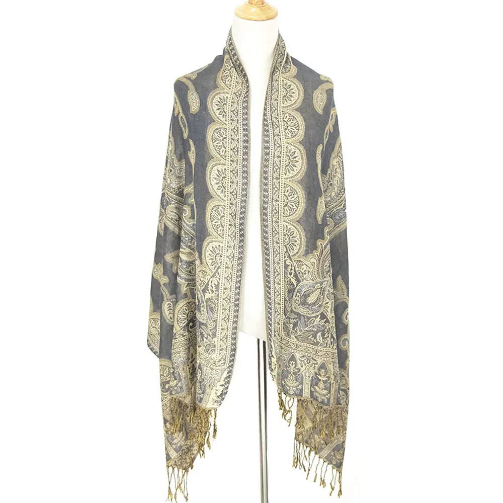 Newest pashmina hot saling shawl silk jacquard fashionable women scarf with fringe
