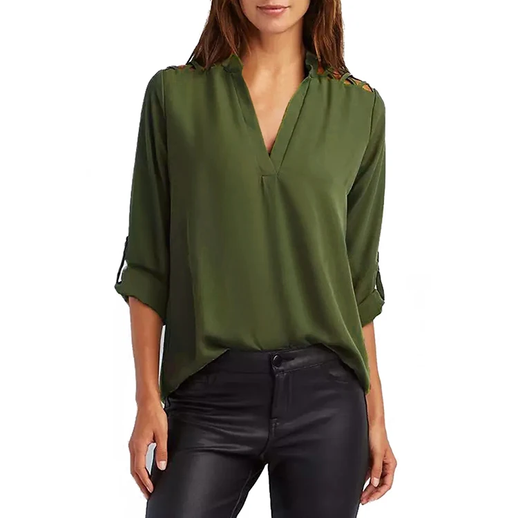 
Taro Purple Crisscross Shoulder Detail Roll Tab Woman Blouse Neck Designs Latest 