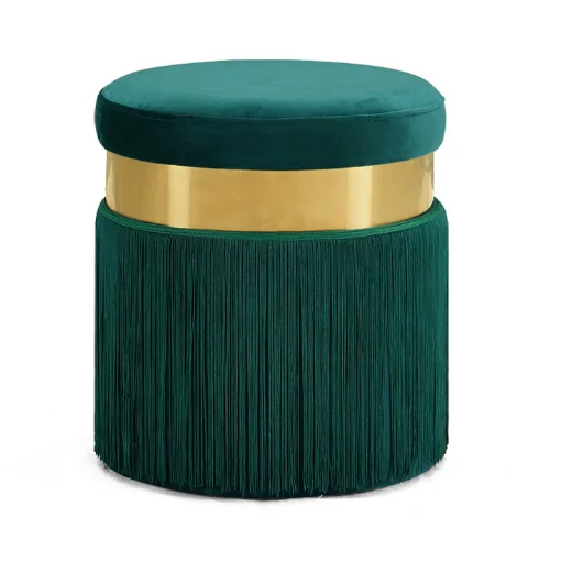 Purple velvet round ottoman gold plated with fringe