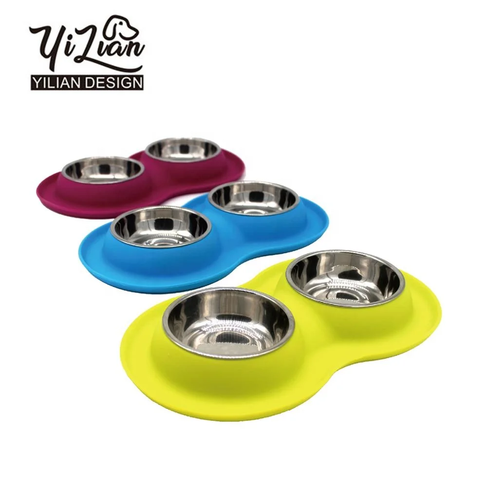 Stainless steel dog bowls with mat silicone, 2 in 1 double dog food silver bowl metal dog bowl stainless steel