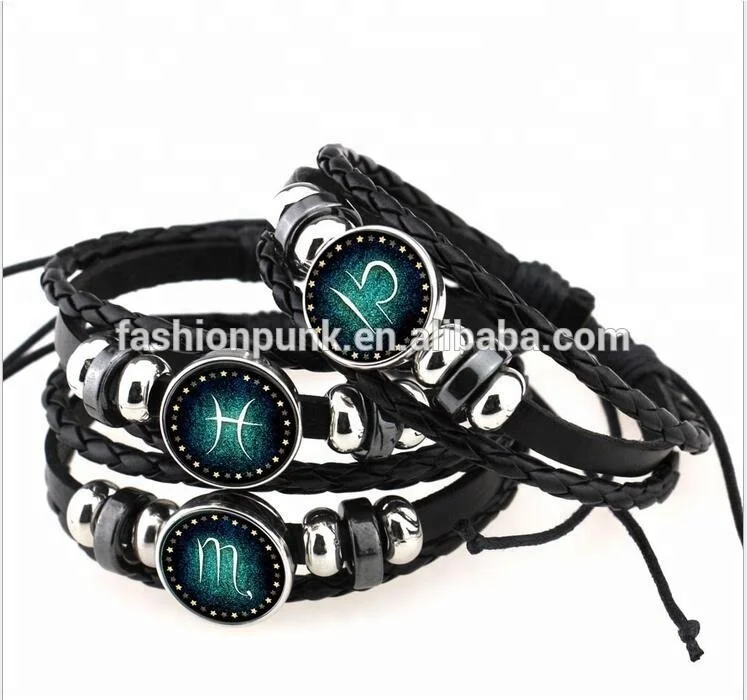 Space Series Metal Glass Gemstone Cuff Bracelet Punk Gothic Leather Bangle Lucky Bangle
