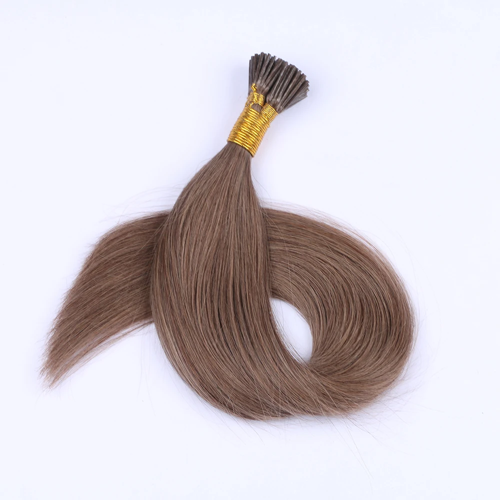 100 Strands I Tip Hair Extensions Human Hair Light Brown #8 Color Soft Straight Remy Hair Pre Bonded Stick Shoelace Tips