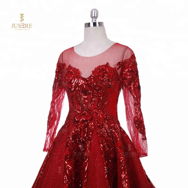 French Luxury Red Beaded Blingbling Long Sleeve muslin Evening Dress