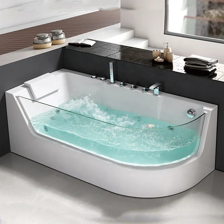 Hot selling luxury acrylic bathtub with great price transparent glass in white corner square bath tub indoor