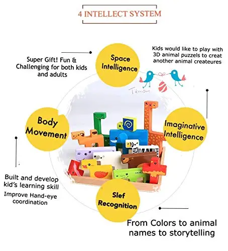 
Wholesale educational 3D wooden creative jigsaw animal building blocks puzzle toy for kids 