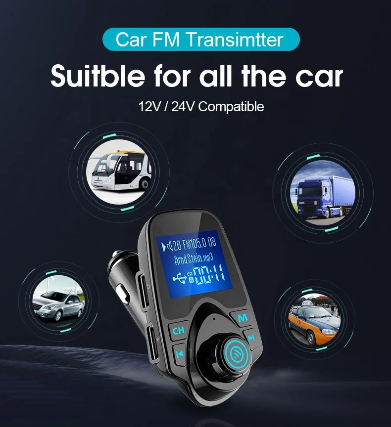 AGETUNR T11 Bluetooth V5.0 mp3 FM transmitter with AUX, dual USB Output, DC5V 2.1A charging, display car voltage Stereo Player
