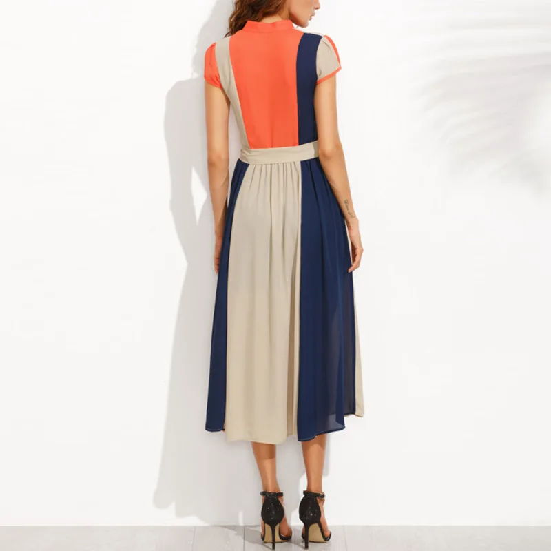 Wholesale Ladies Summer Long Dress Casual Front Buttons Tie Waist Contrast Shirt Dress French Elegant Midi Dresses For Women