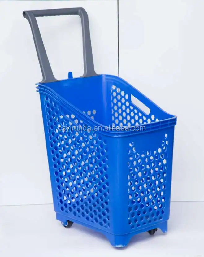 Colourful hand carry plastic supermarket rolling baskets