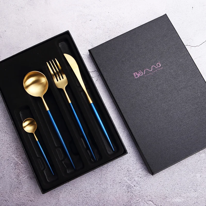 30% OFF Cupitol Style Matte Gold Knife&Spoon&fork Set with Bule Handle Portuguese Design Retro drawing knife and fork