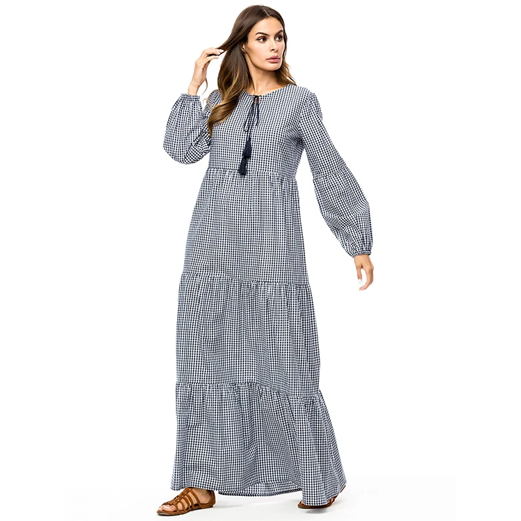 Latest design polyester check pattern casual long maternity dress for muslim