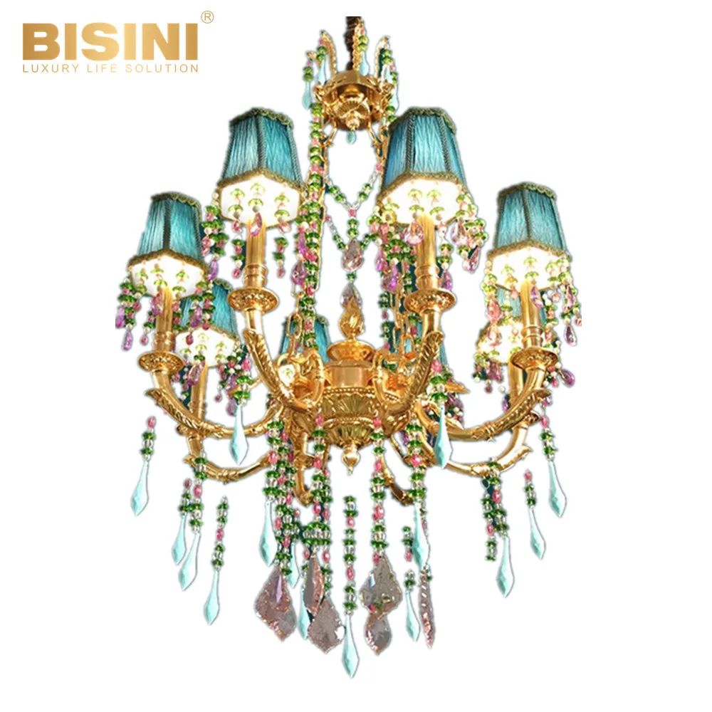 European Style green lampshade 8 arms crystal chandelier copper living room LED lighting purple Ceiling light(BY08-T10014-8)