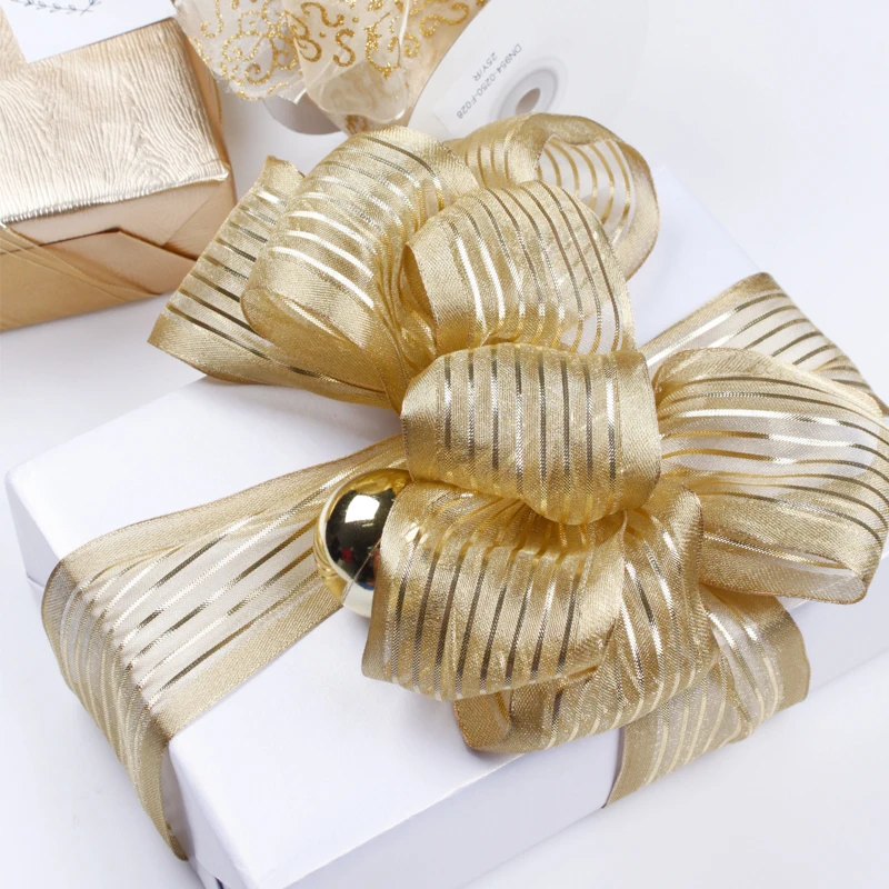 
New Arrived Luxury Gold Series Decorative Wired Organza Ribbon Rolls 