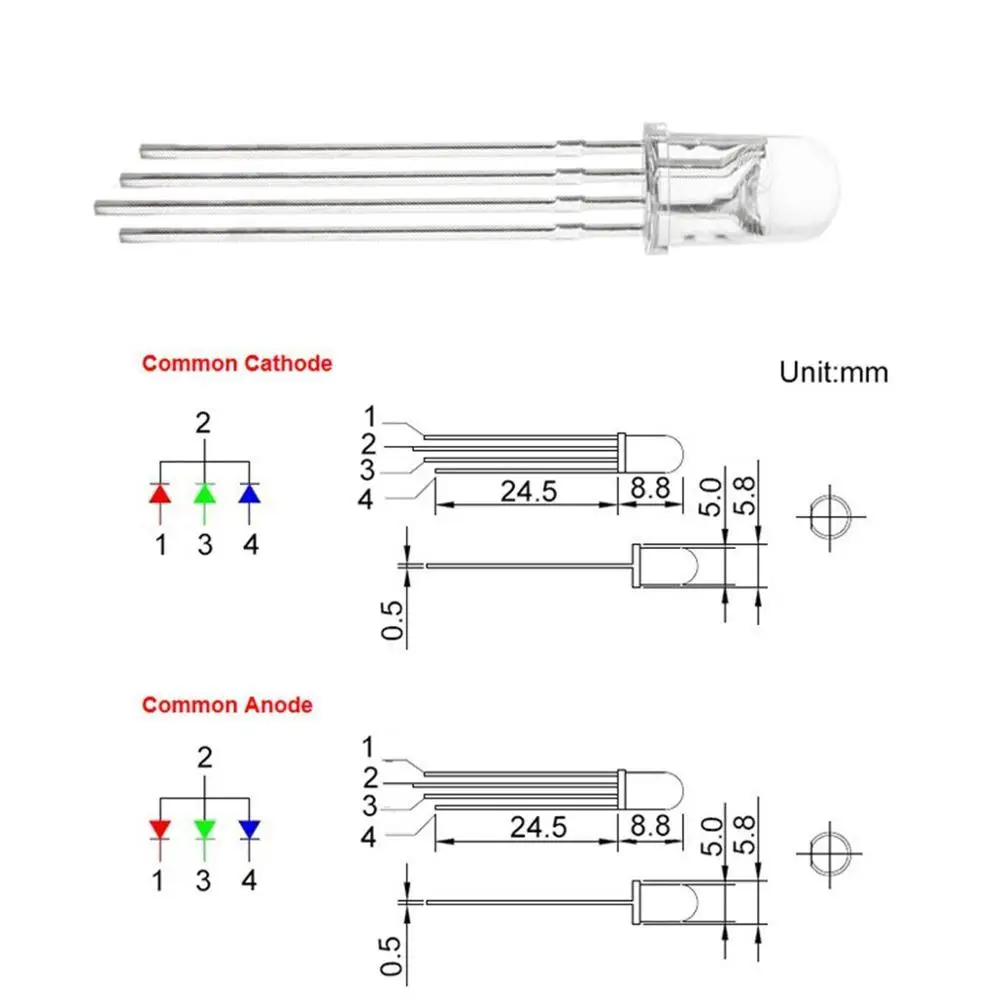 
RGB Led Diode 5mm 4-pins Through Hole Led Chip 