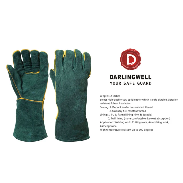 new style long welding work gloves dark green cowhide leather waterproof gloves heat resistant gloves