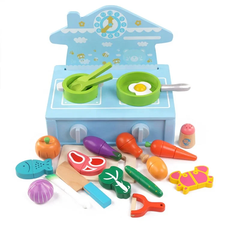 Wooden Cutting Cooking Pretend Play Food Set Pretend Small  Cookware Serve Pots and Pans Kitchen Toy