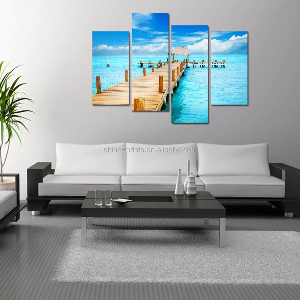 4 Panels Sunny Blue Seascape Wall Art/Wooden Bridge on Sea Canvas Print/Beach Canvas Wall Art