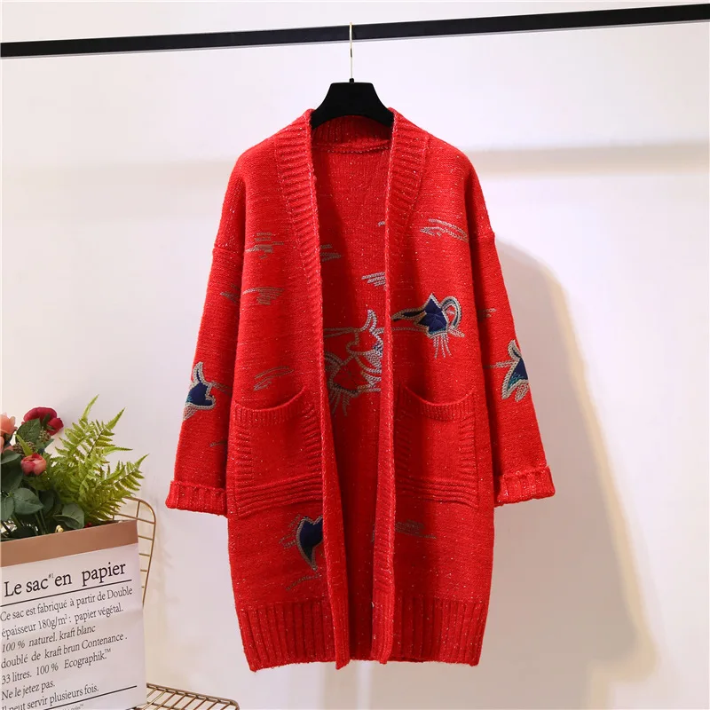 2018 winter autumn latest v-neck front open embroidery lady packets coat women knitted long cardigan