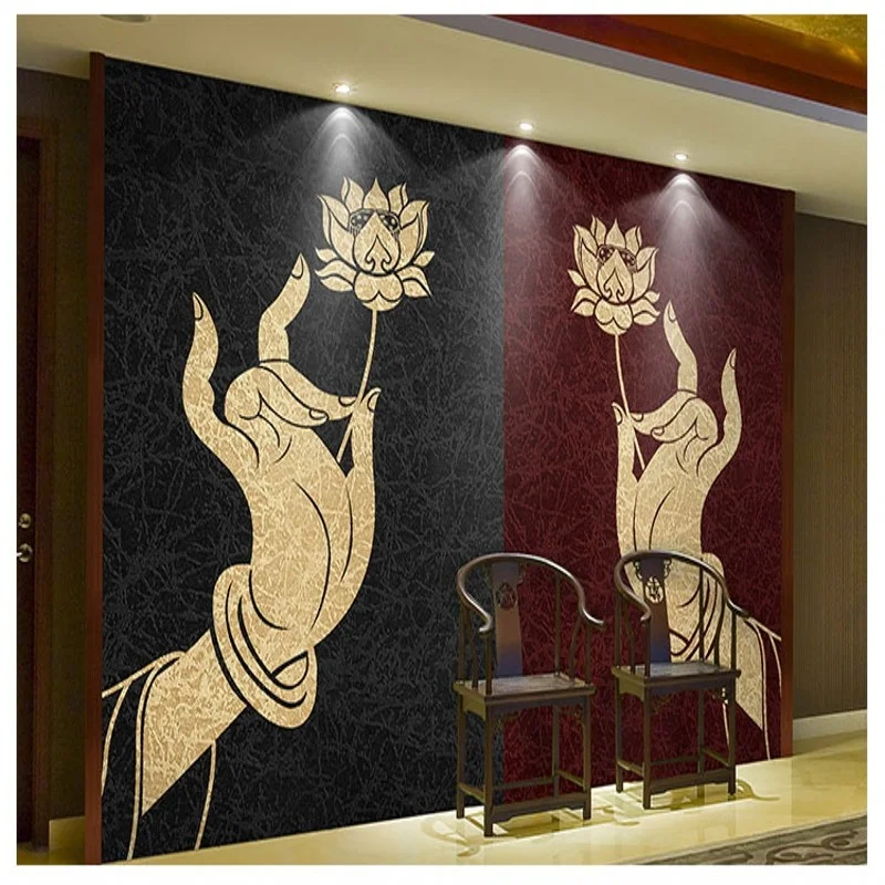 Wallpaper Door Chinese Zen Master A Smile Bergamot Lotus Flower Background Printed Wallpaper Silk Plaster Liquid Wallpaper
