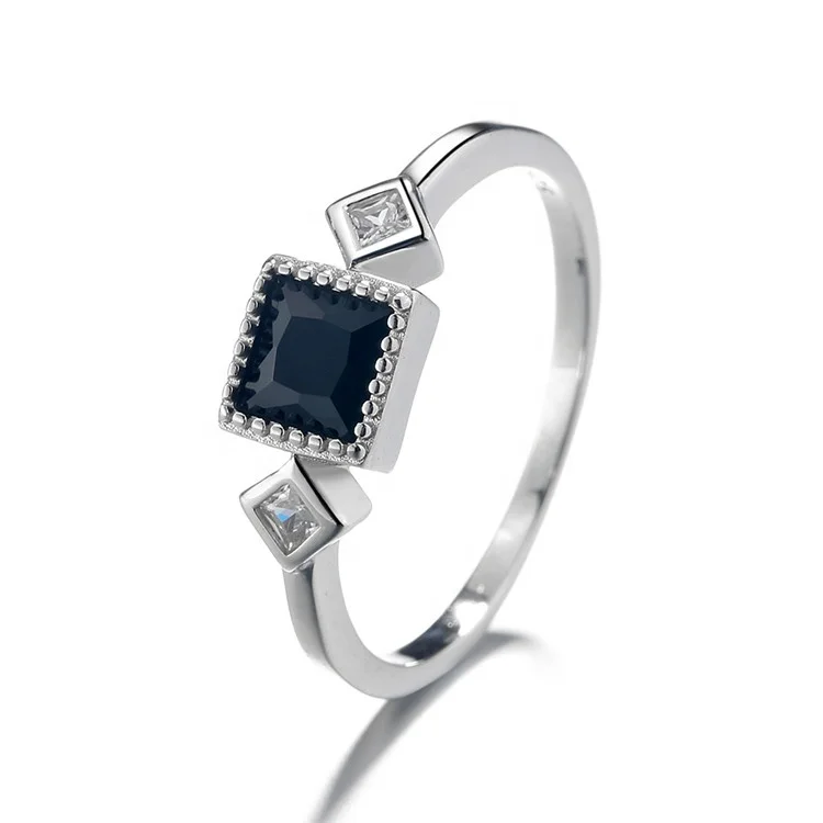 Fashion Fine Jewelry Square Simple 925 Sterling Silver Ring Blue Stone Diamond Engagement Ring