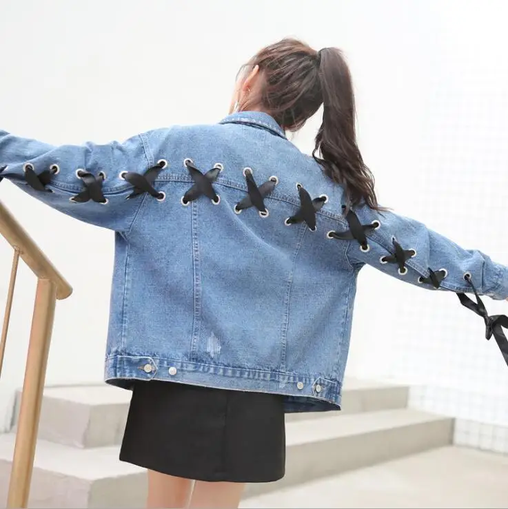 2018 Korean Straps Hole Jeans Jacket for Women Loose Casual Blue Denim Jacket Women Basic Coats Female outwear Denim Feminine