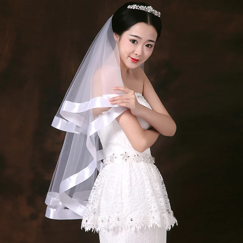 
Hot Sell Fantastic fancy Bridal Accessories Elegant soft Ribbon Edge Two-Layer veils 