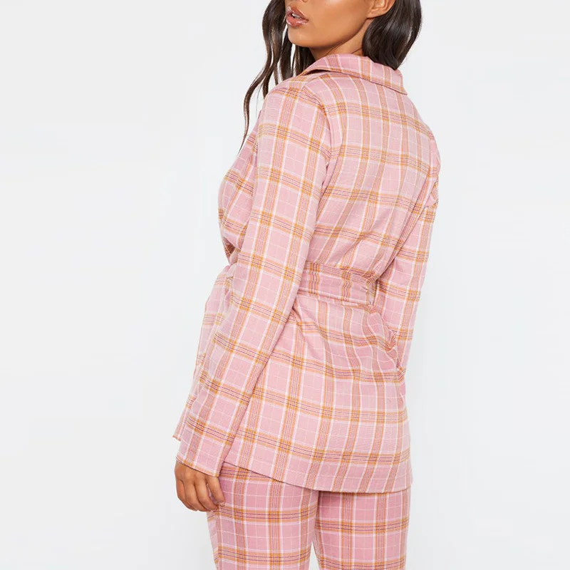 Spring Fall Plaid  Two Piece Set Long Sleeve Waist Tie  Blazer Ladies Flare Checked Pants Office  Woman