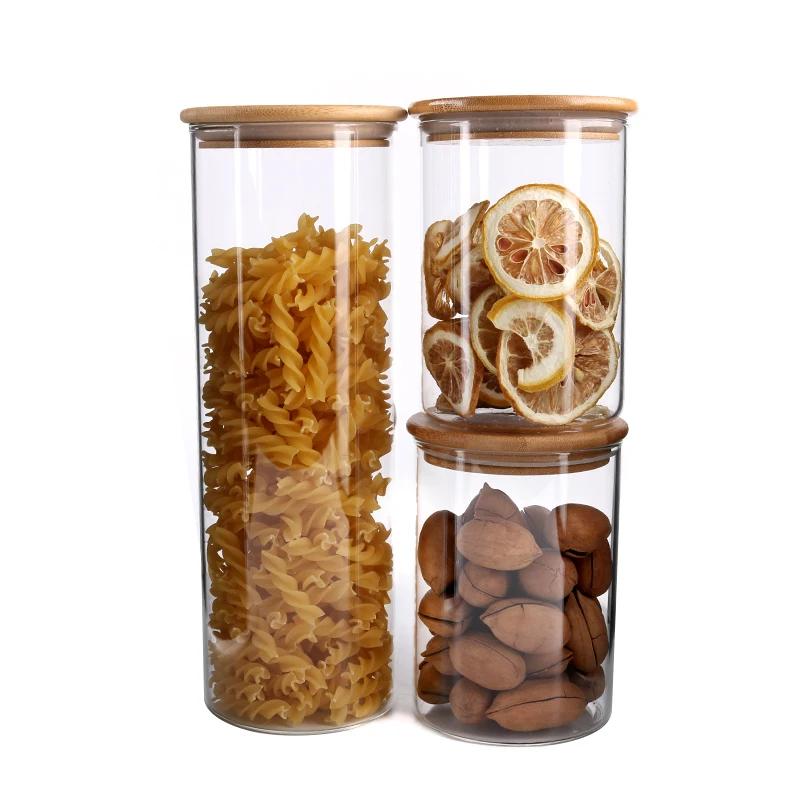 
Wholesale food grade glass storage jar pasta canister jar with bamboo lids for kitchen 