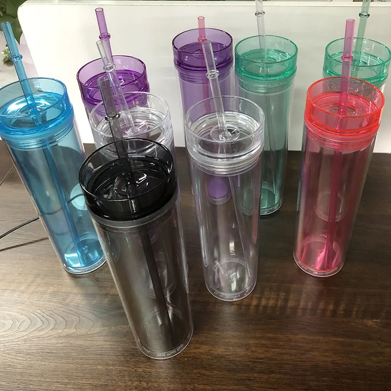 Popular BPA free colorful 16oz acrylic Skinny tumbler with Lid and Straw  double wall reusable plastic skinny tumbler