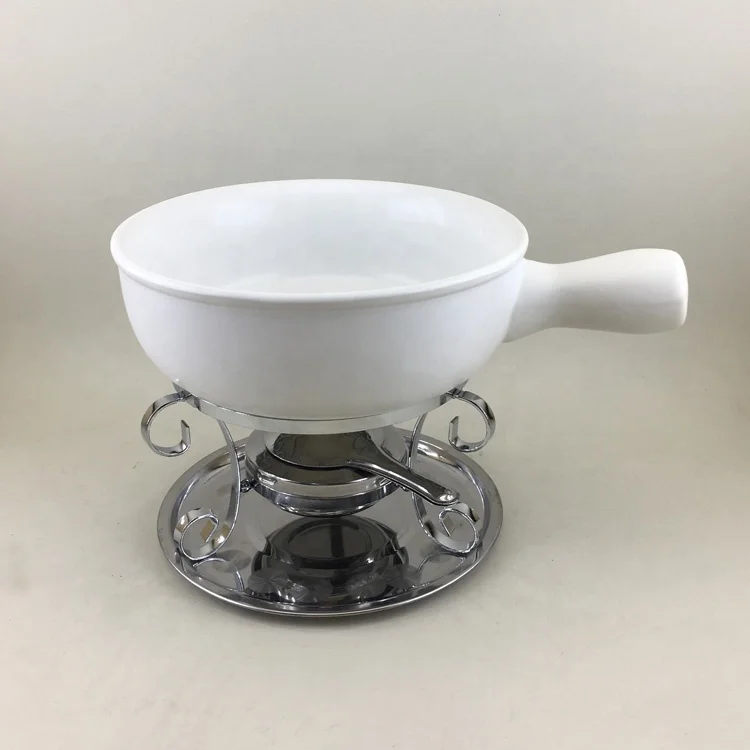 French style heat resistant western hotel ceramic sterno white fondue pot with stand