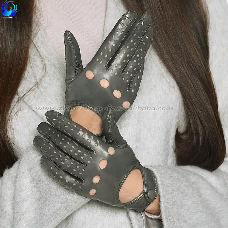 2016 fashion ladies full finger unlined warm grey sheepskin leather driving gloves