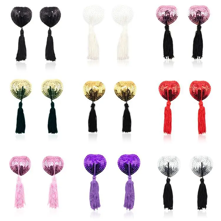 Women Reusable Attractive Black Red White Heart shape Sequin Nipple cover with Tassel Sexy Nipple pasties