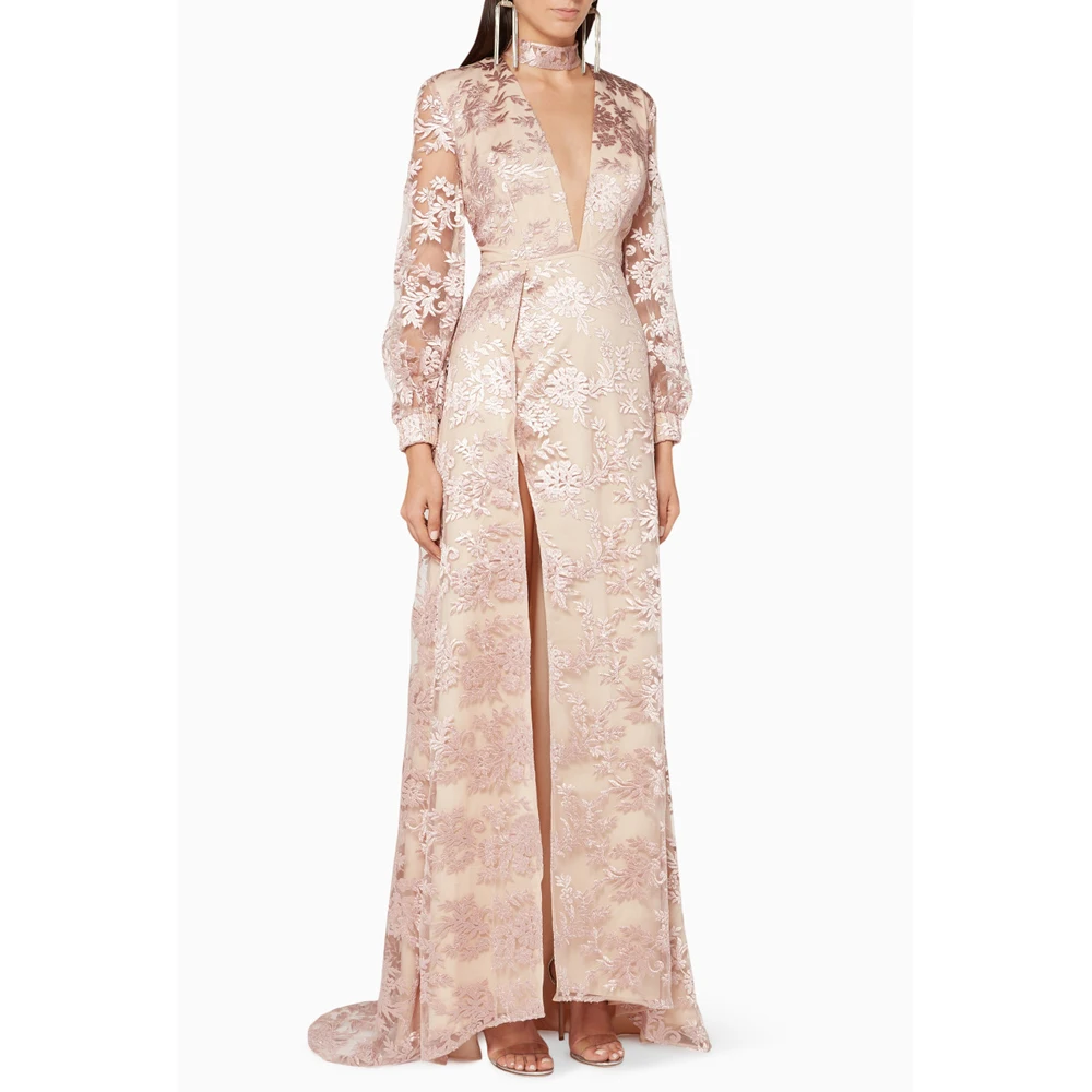 Latest Design Ladies african bazin embroidery evening dress v  neck long sleeve sexy evening dresses