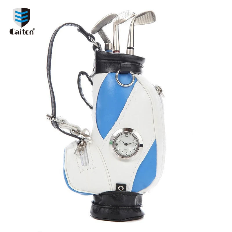 China Professional Customized Mini Pu Leather Golf Bag Desktop Pen Holder Gifts For Golfer Golf Souvenir With Golf Pens Clock