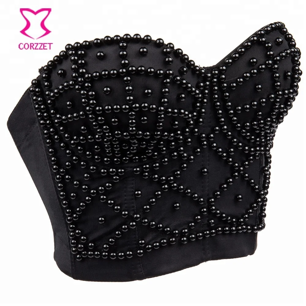 Corzzet Pure Deep Black Sexy Mysteric Outfit Push Up 3/4 Cup B Cup Beading Bustier Women Curvy Shape Performance Club Clothing